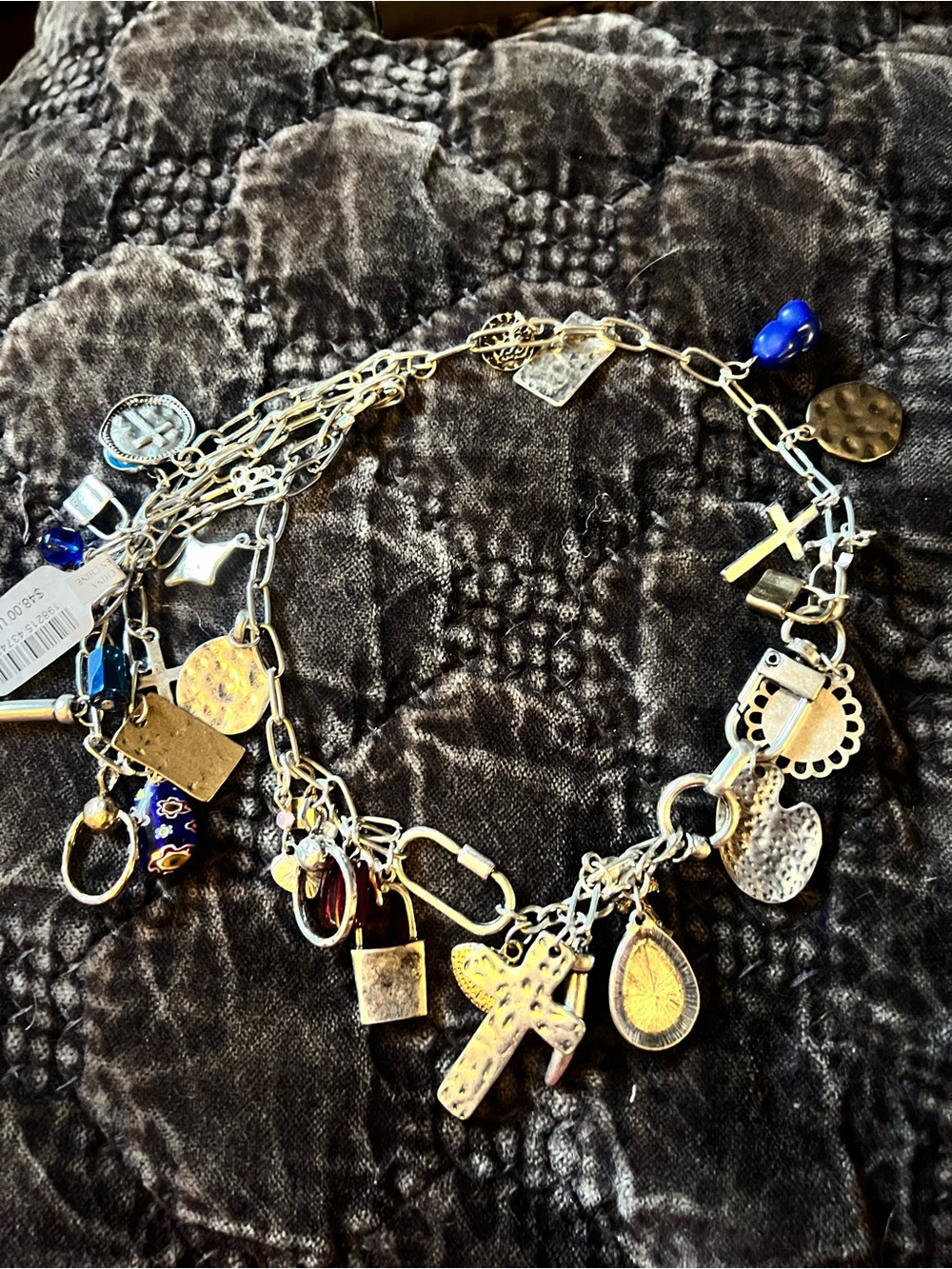 Free People Silver Multi-Charm Cross Necklace with Blue Accents